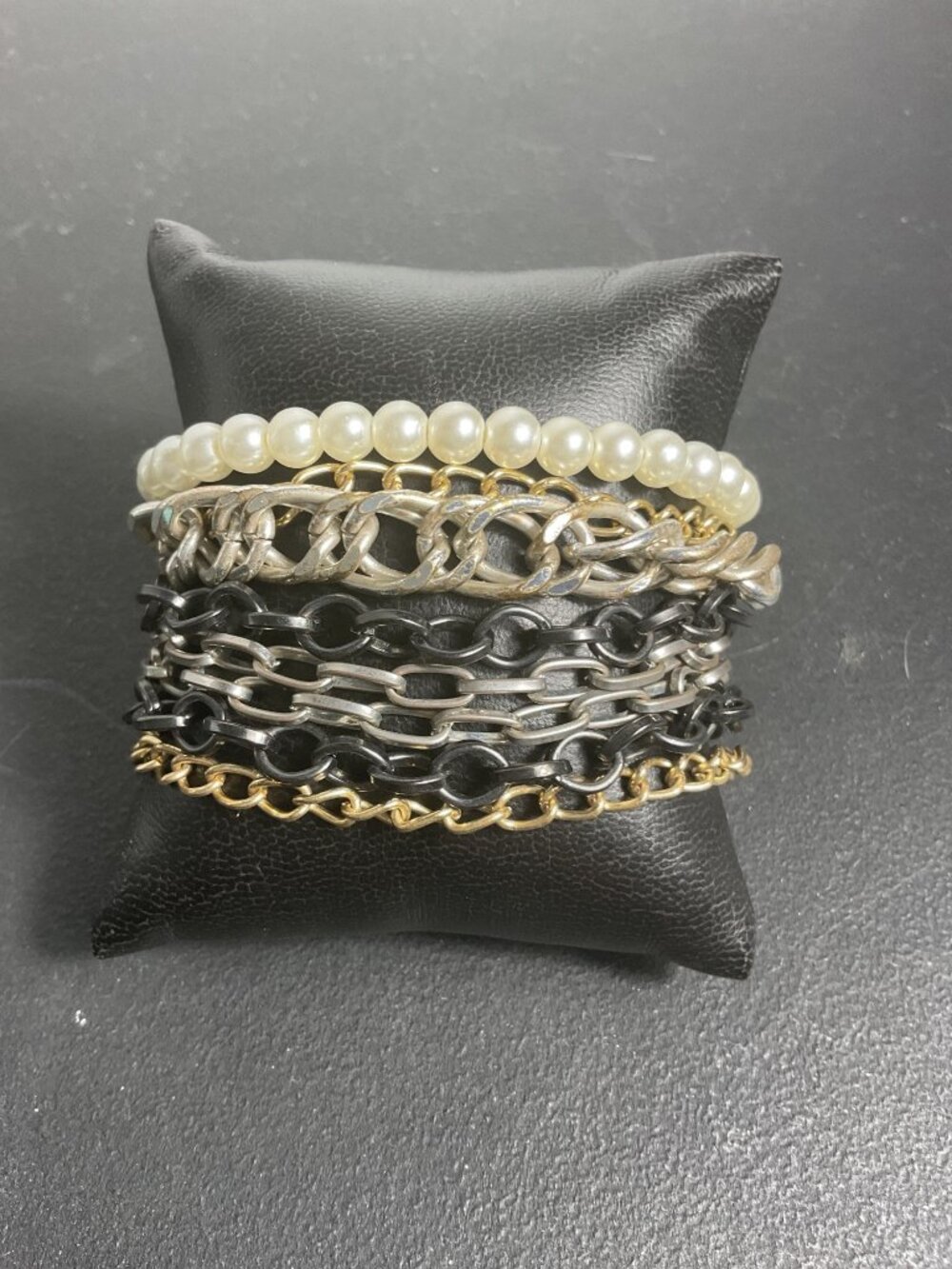 Mixed Metal Multi Strand Layered Chain & Pearl Stacked Bracelet Set